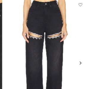 Black Wide-Leg Jeans with Rhinestone Cutouts